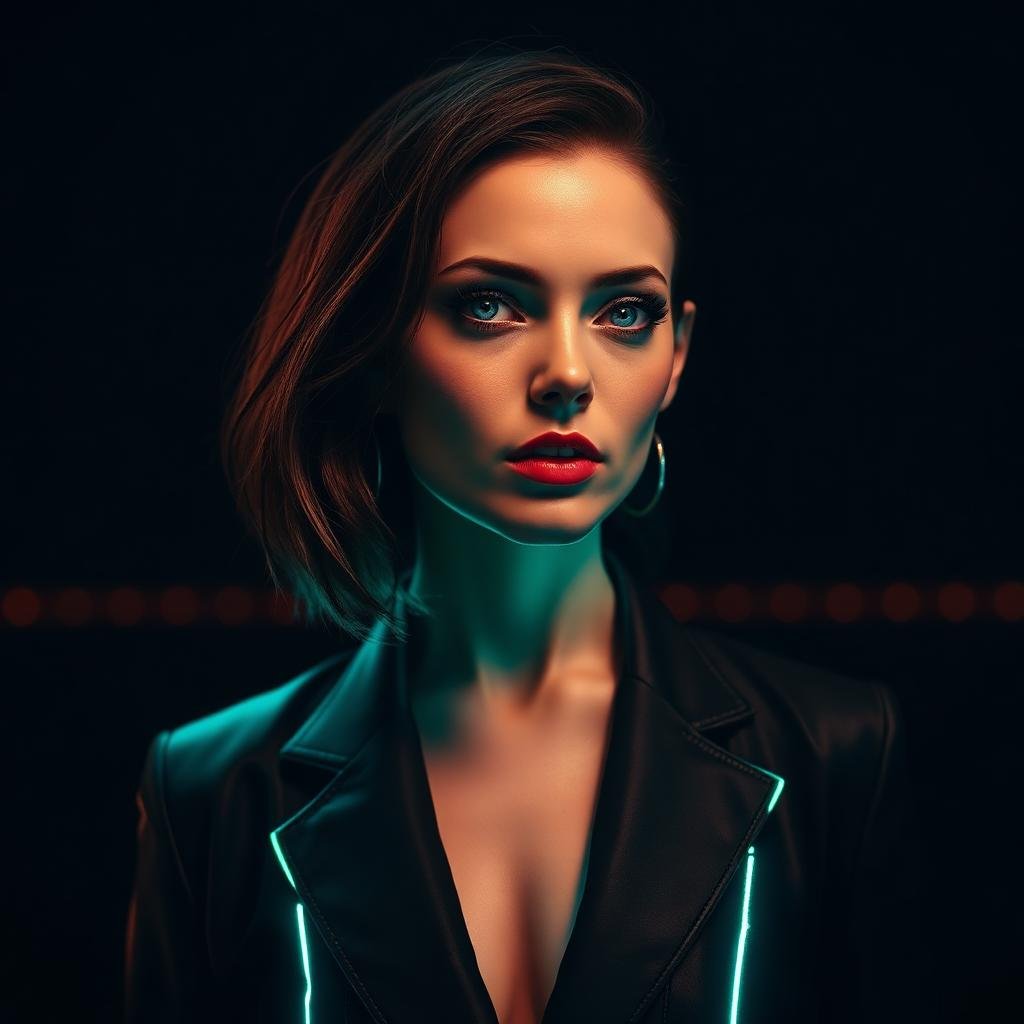 Photoreal synthetic anchor lit by neon rim light