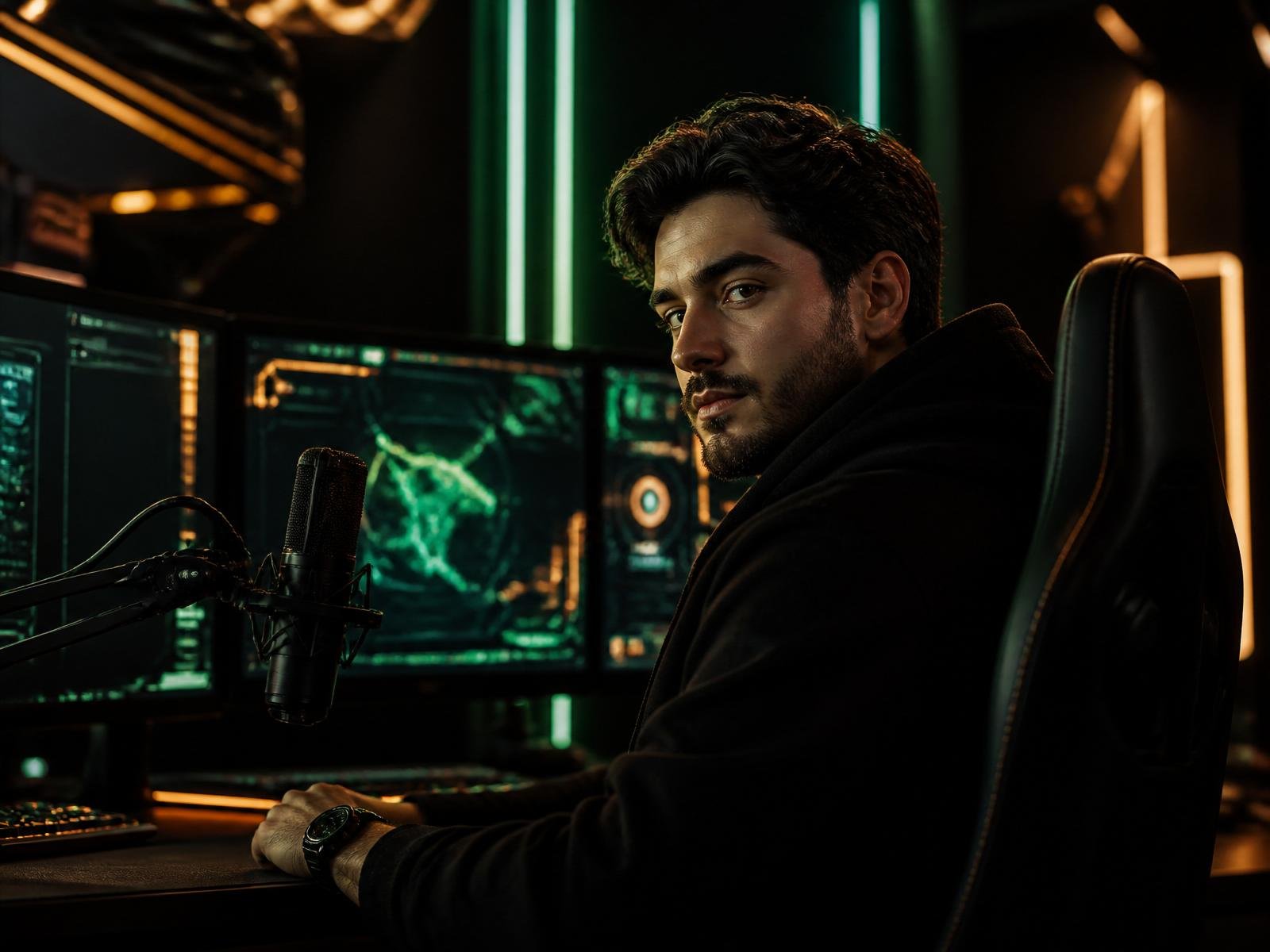 HYBRID/HOSTS broadcast operator in a neon-lit studio